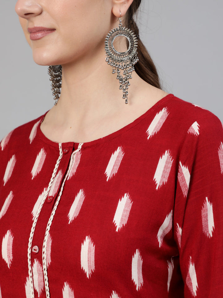 Maroon Geometric Printed Kurta With Three Quarter Sleeves