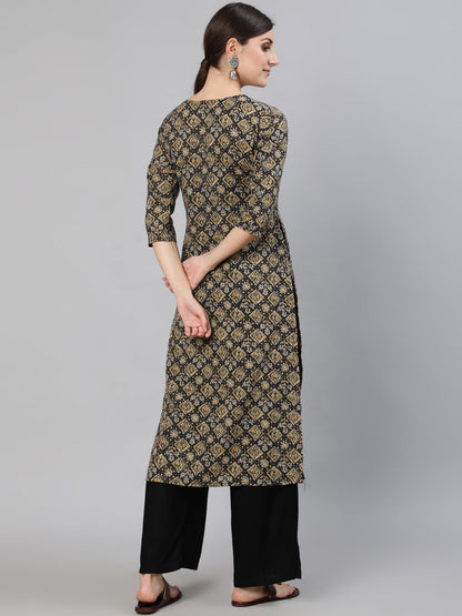 Black & beige Printed Straight Kurta with Three Quarter Sleeves