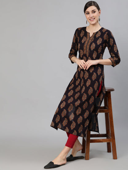 Black Ethnic Printed Straight Kurta With Three Quarter Sleeves