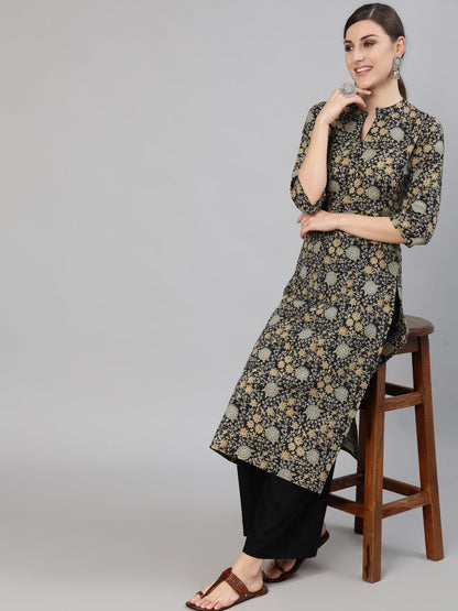 Black Floral Printed Kurta With Three Quarter Sleeves