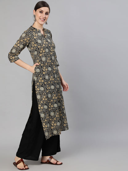 Black Floral Printed Kurta With Three Quarter Sleeves