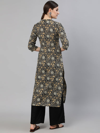 Black Floral Printed Kurta With Three Quarter Sleeves