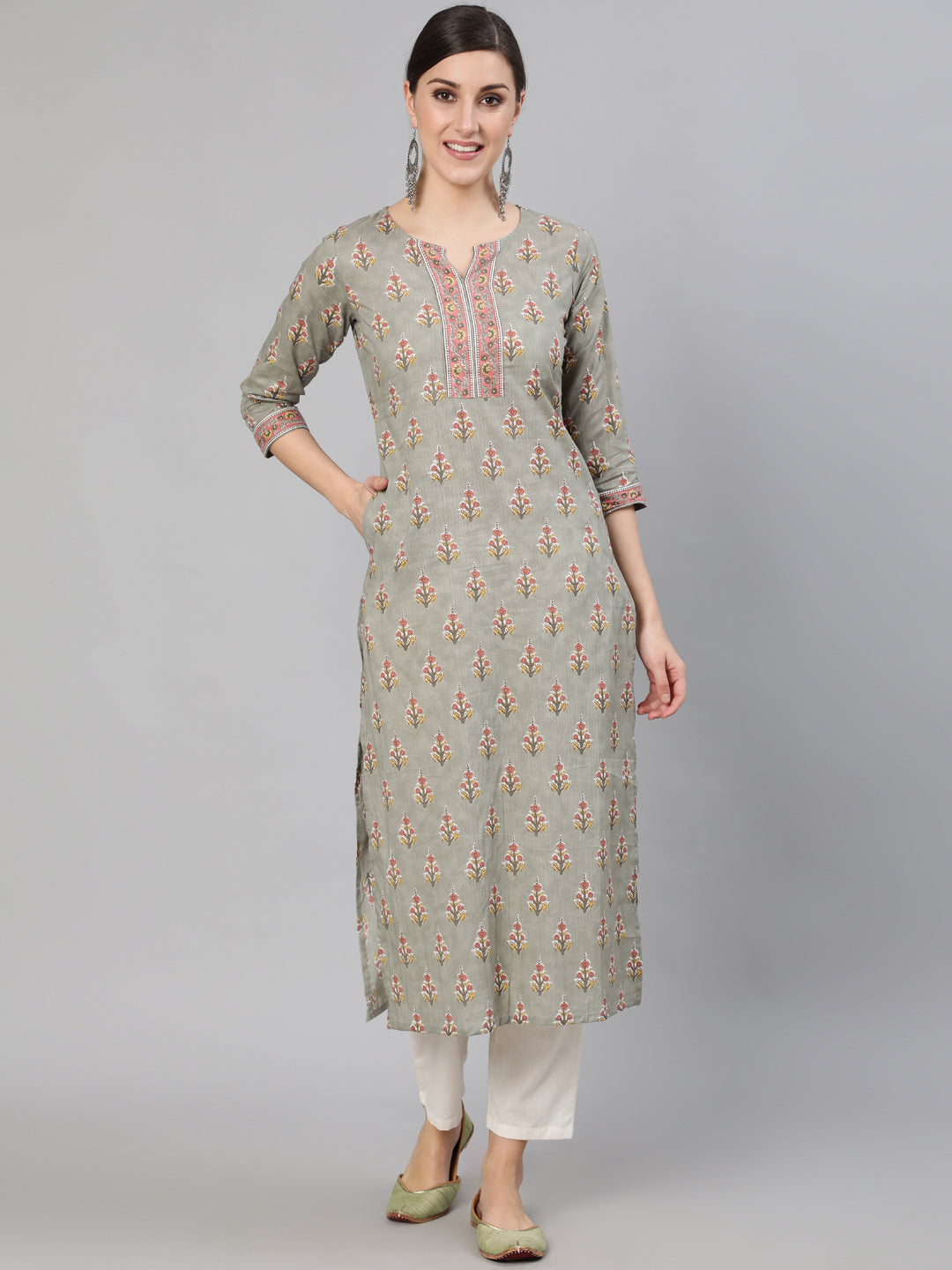 Grey Floral Printed  Straight Kurta With Three Quarter Sleeves