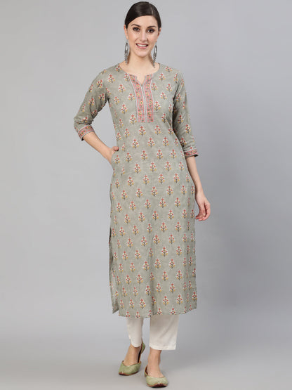 Grey Floral Printed  Straight Kurta With Three Quarter Sleeves