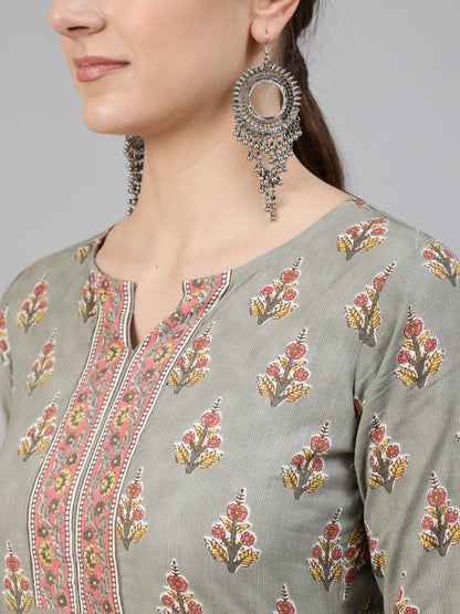 Grey Floral Printed  Straight Kurta With Three Quarter Sleeves