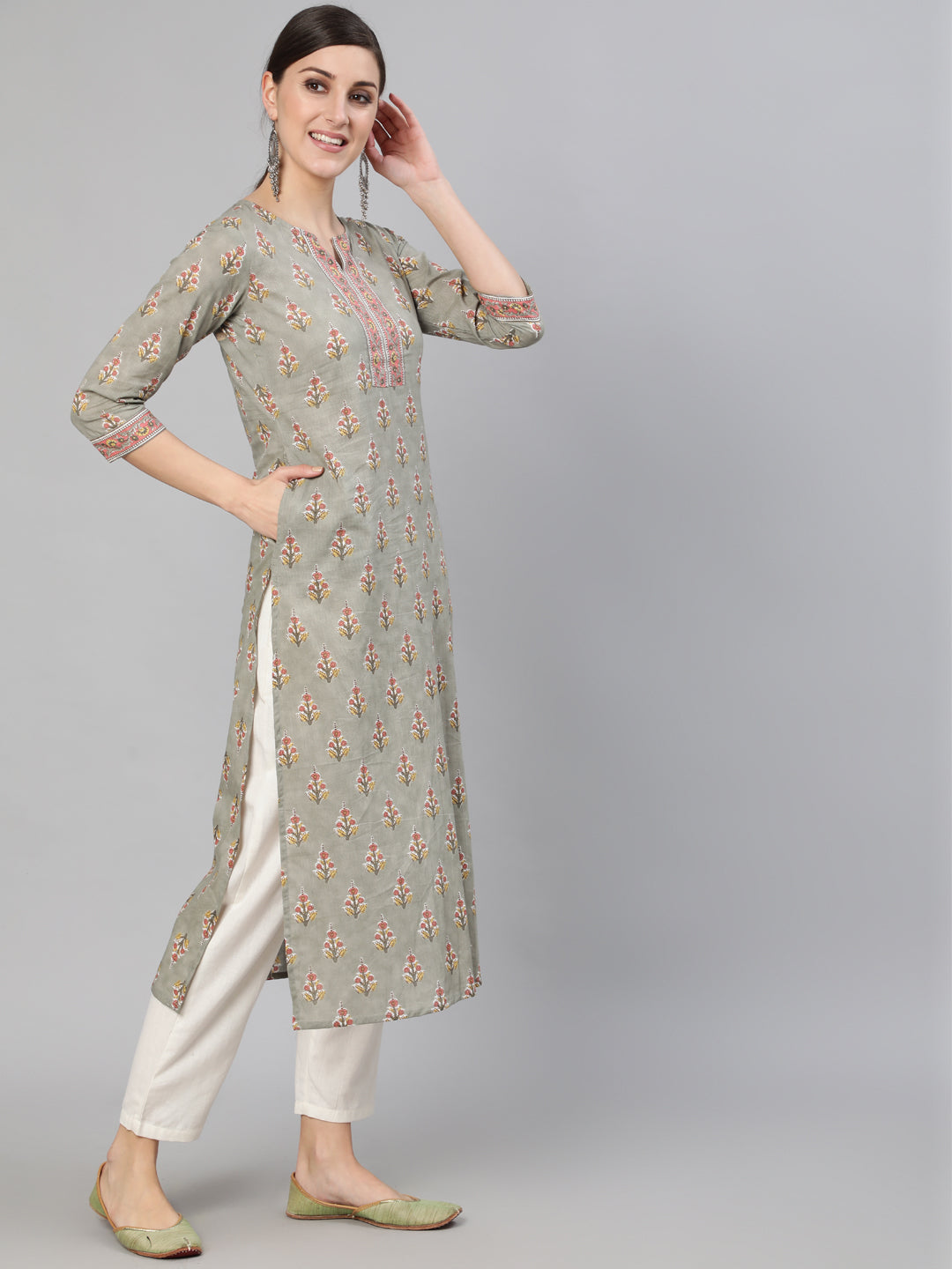 Grey Floral Printed  Straight Kurta With Three Quarter Sleeves