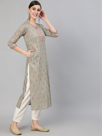 Grey Floral Printed  Straight Kurta With Three Quarter Sleeves