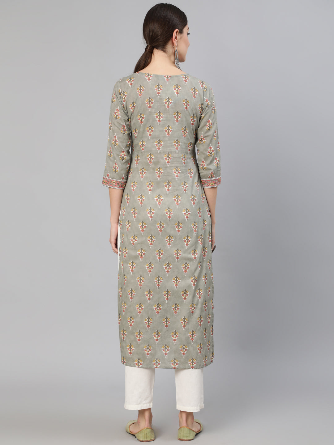 Grey Floral Printed  Straight Kurta With Three Quarter Sleeves