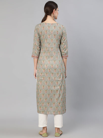 Grey Floral Printed  Straight Kurta With Three Quarter Sleeves