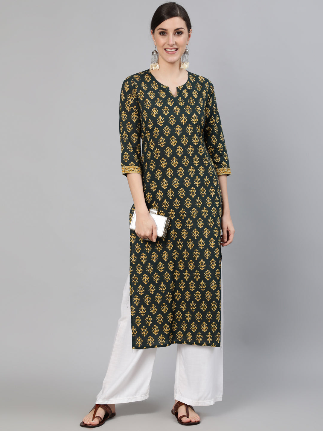 Green Ethnic Printed Straight Kurta with Three Quarter Sleeves