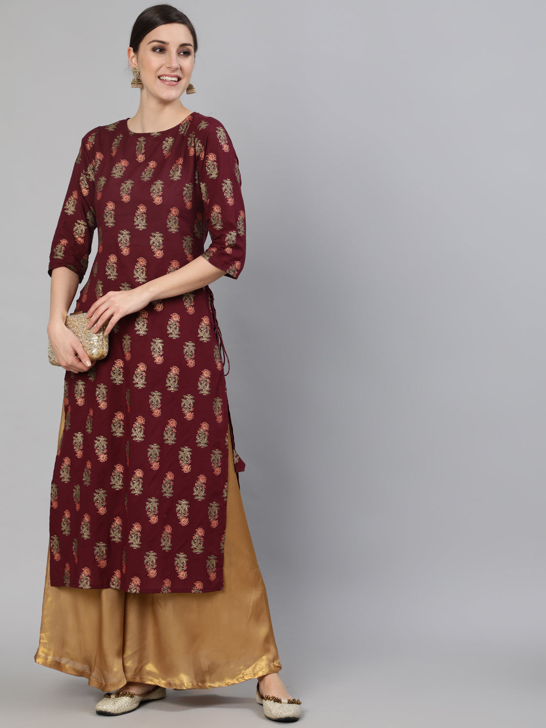 Burgundy Floral Printed Kurta with Tesals Details