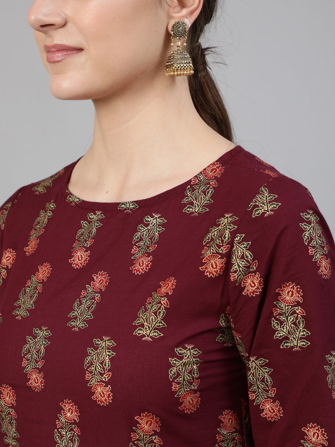 Burgundy Floral Printed Kurta with Tesals Details