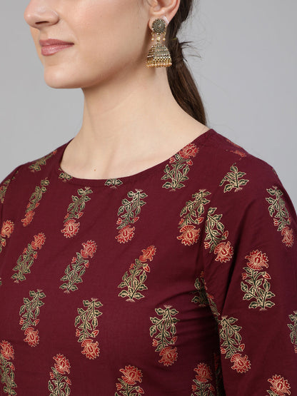 Burgundy Floral Printed Kurta with Tesals Details