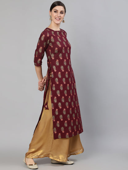 Burgundy Floral Printed Kurta with Tesals Details