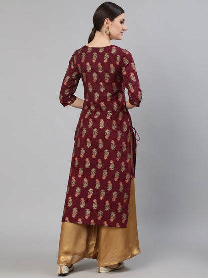 Burgundy Floral Printed Kurta with Tesals Details