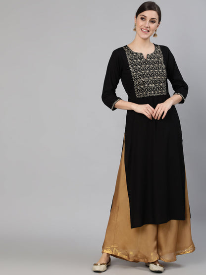 Black Embroidered Straight Kurta With Three Quarter Sleeves