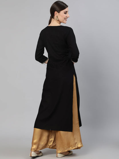 Black Embroidered Straight Kurta With Three Quarter Sleeves