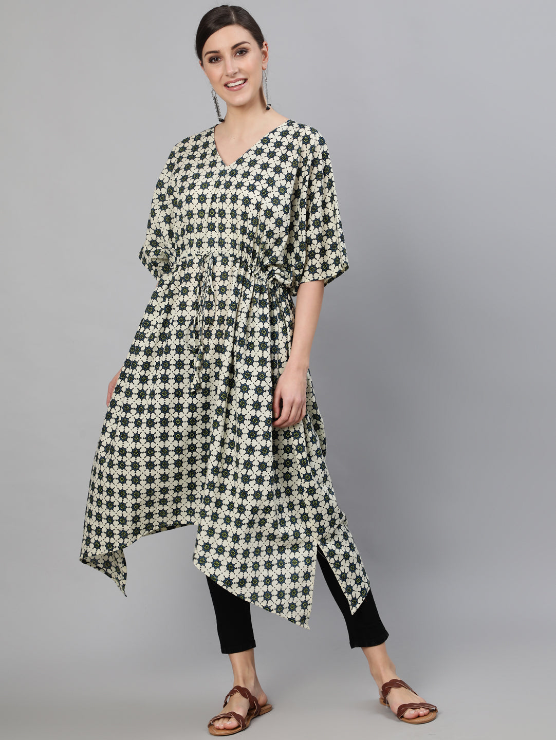 Blue & Cream Geometric Printed Flared Kaftan