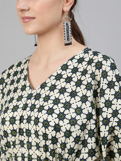 Blue & Cream Geometric Printed Flared Kaftan