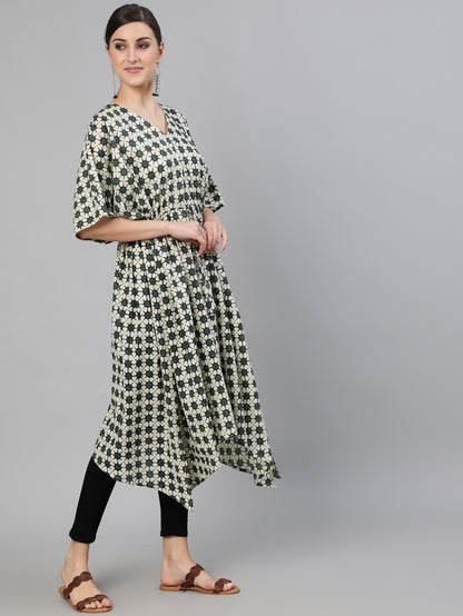 Blue & Cream Geometric Printed Flared Kaftan