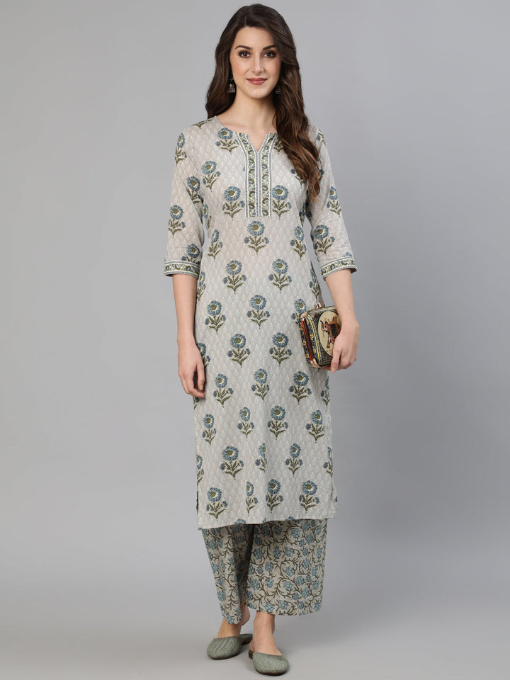 Grey Floral Printed  Straight Kurta With One Side Pocket