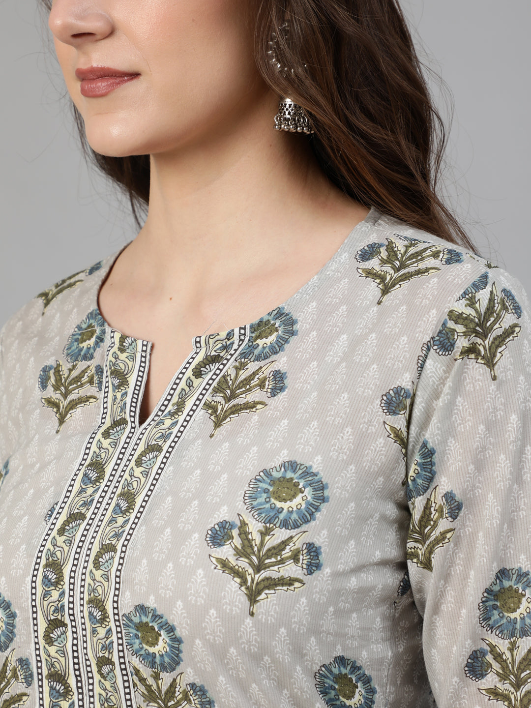 Grey Floral Printed  Straight Kurta With One Side Pocket