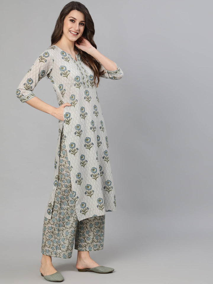 Grey Floral Printed  Straight Kurta With One Side Pocket