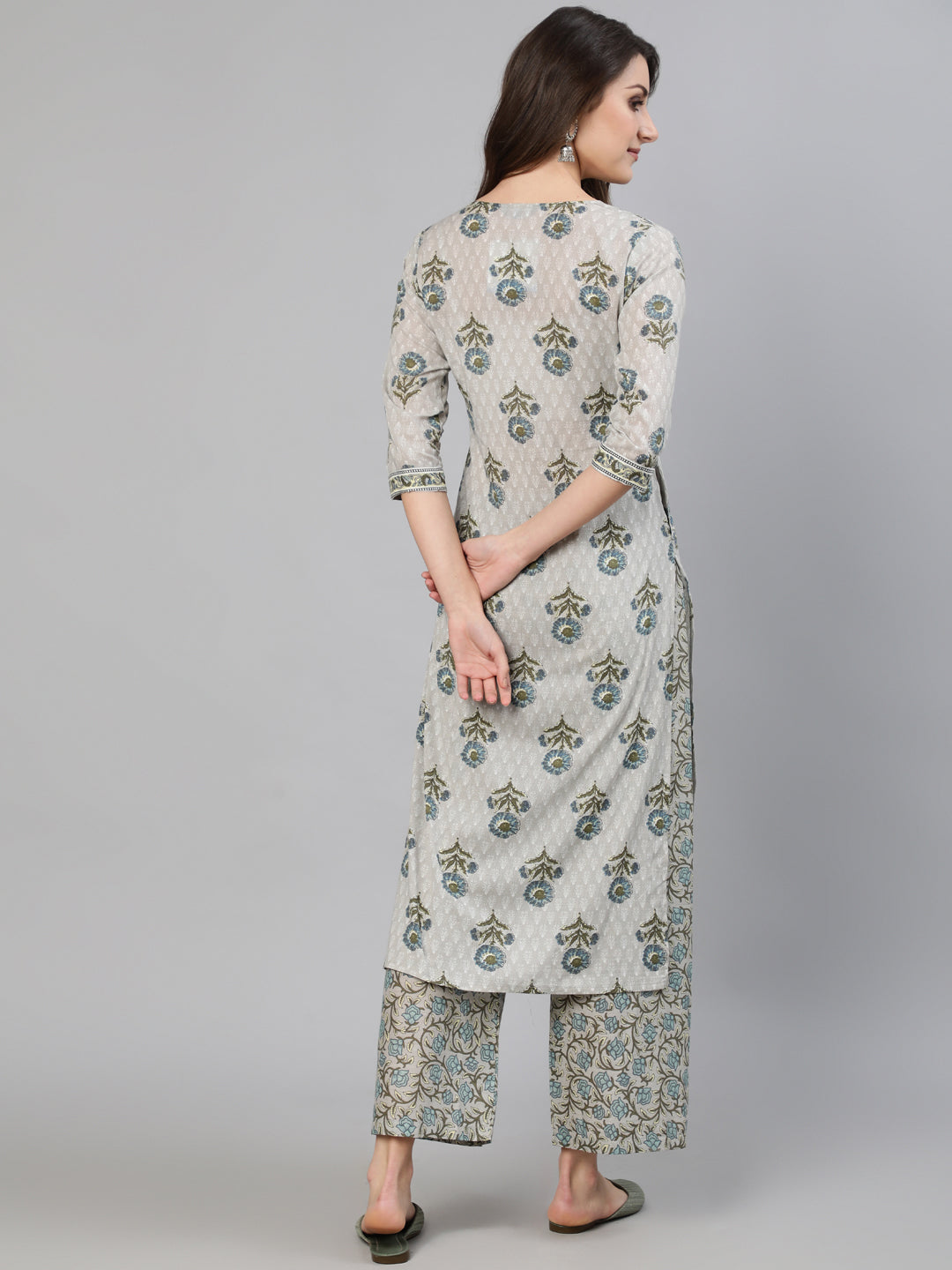 Grey Floral Printed  Straight Kurta With One Side Pocket