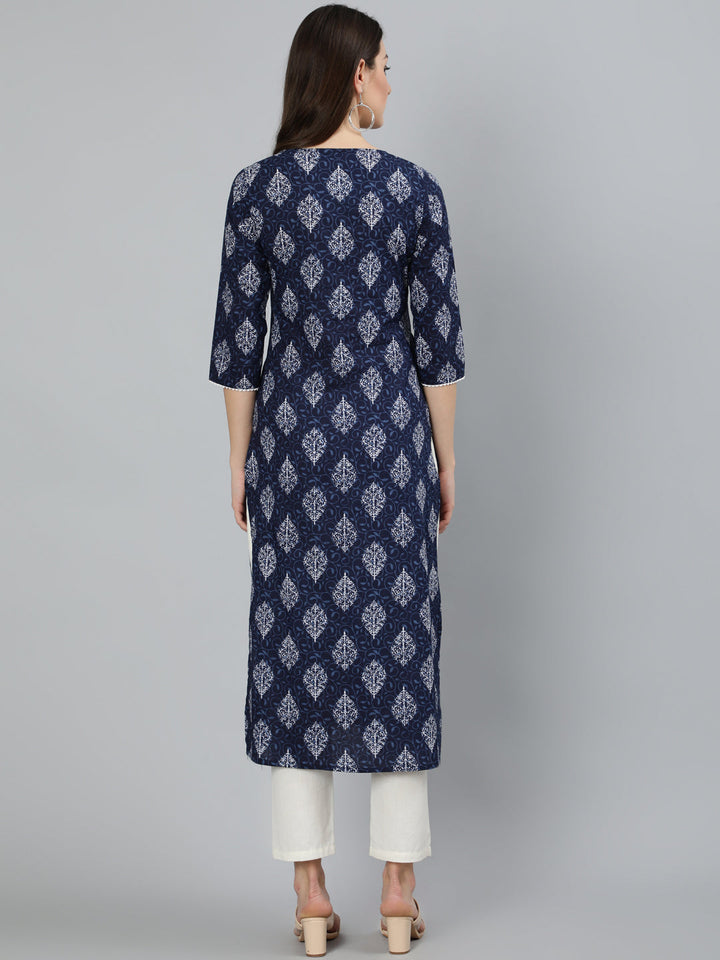 Navy Blue Ethnic Printed Straight Kurta With Three Quarter Sleeves