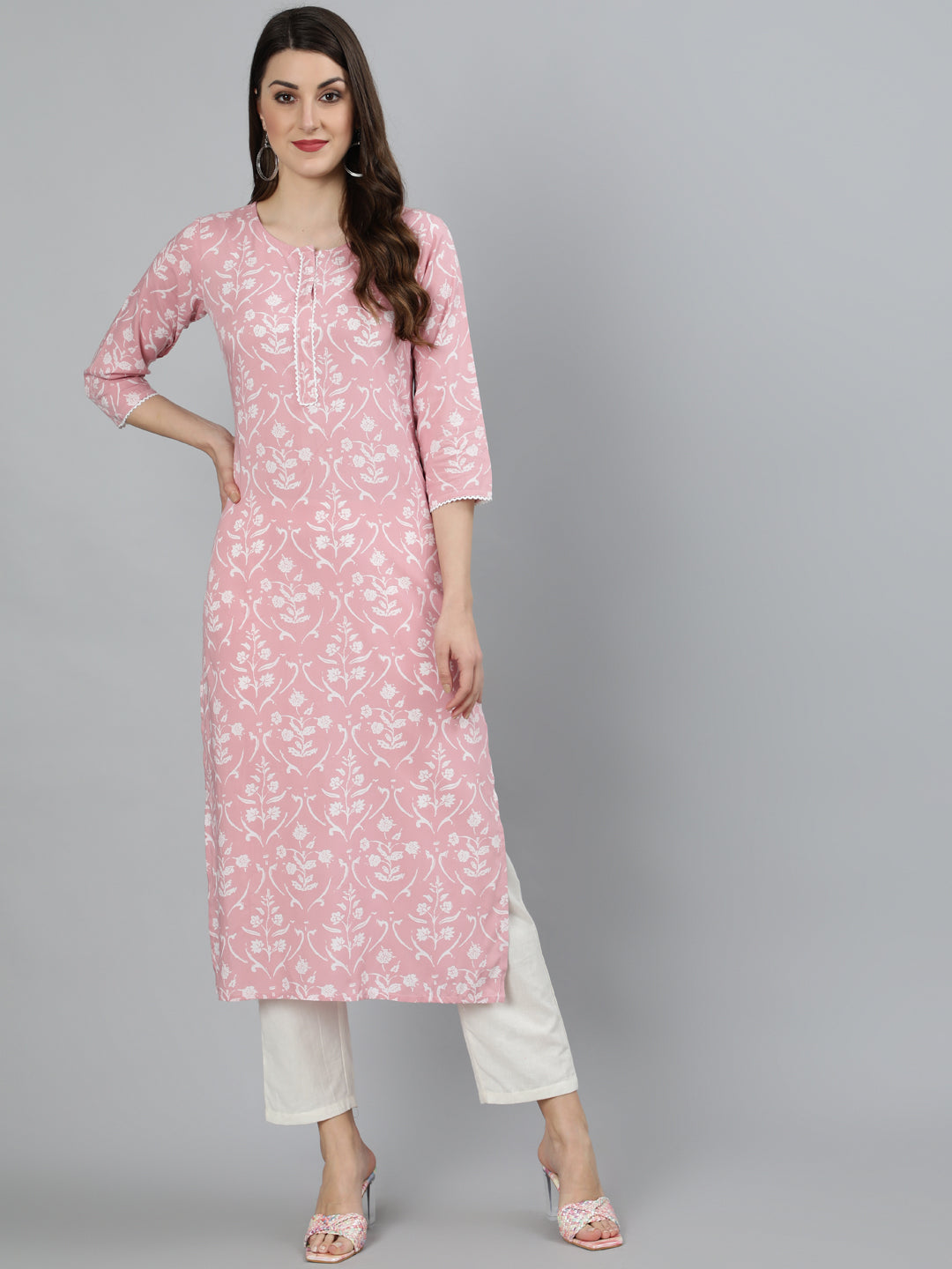 Pink Printed Straight Kurta With Three Quarter Sleeevs