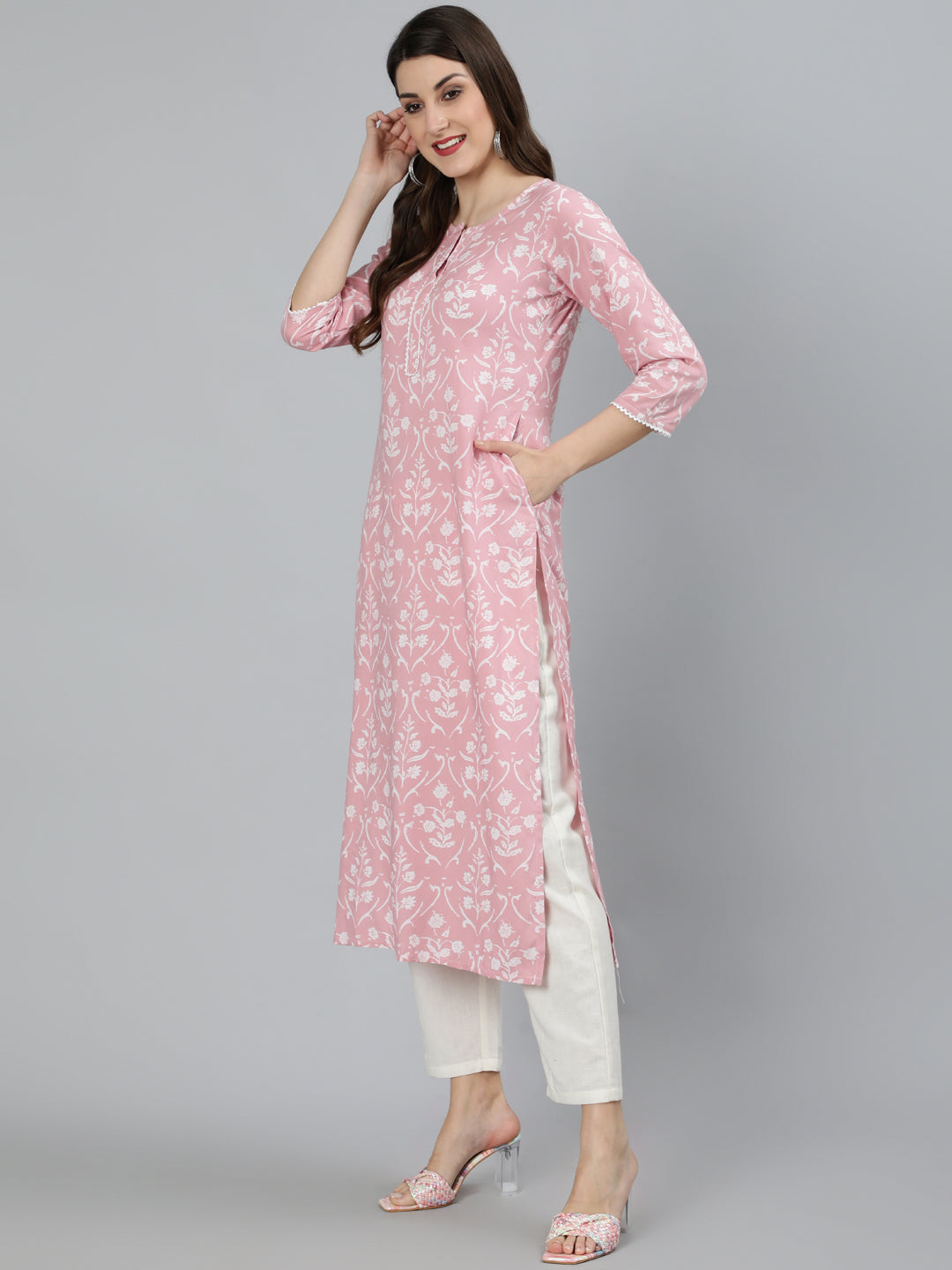 Pink Printed Straight Kurta With Three Quarter Sleeevs