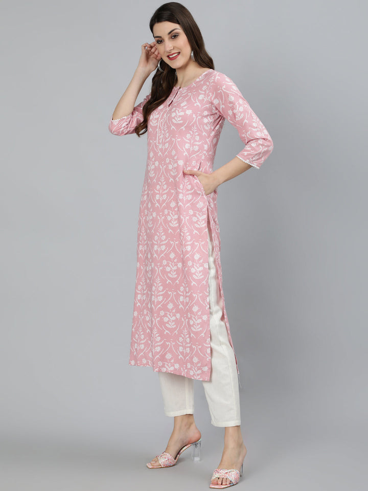 Pink Printed Straight Kurta With Three Quarter Sleeevs