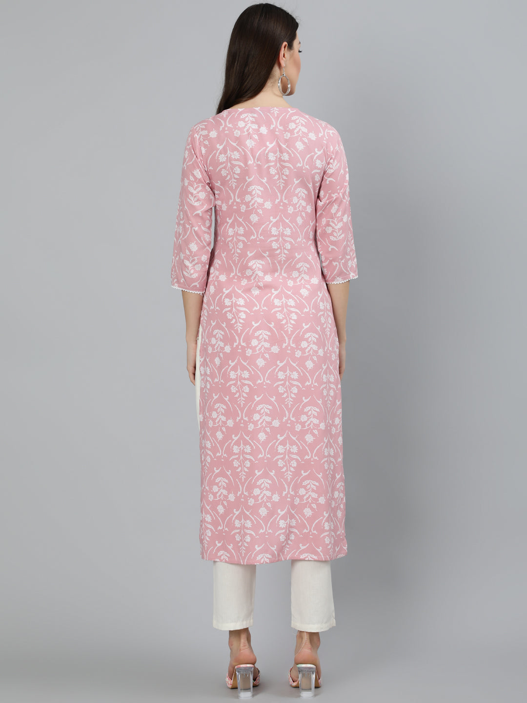 Pink Printed Straight Kurta With Three Quarter Sleeevs