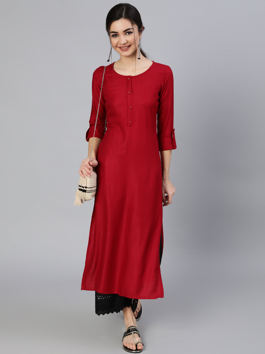 Maroon Solid Straight Kurta
