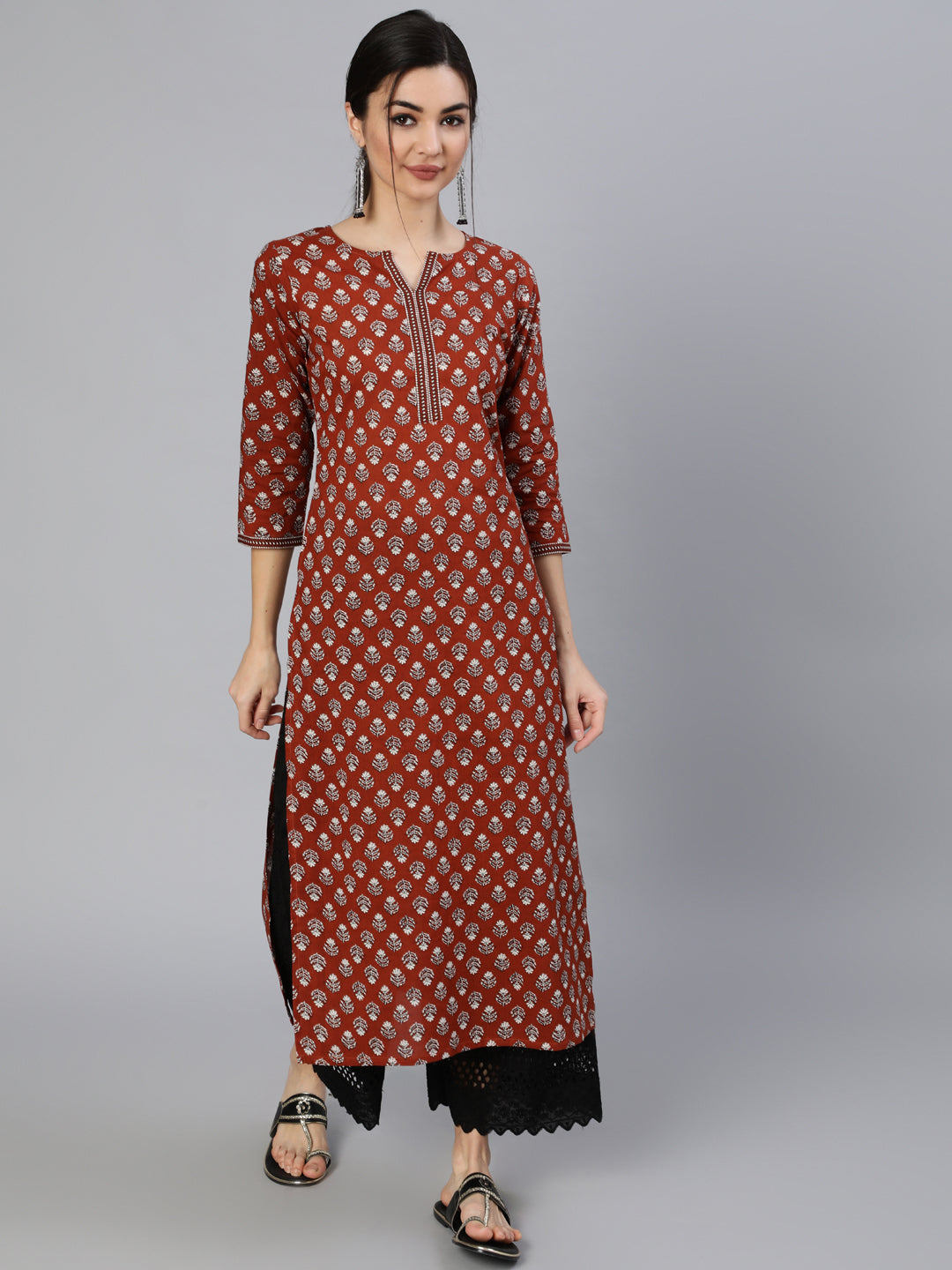 Maroon Ethnic Printed Straight Kurta With Three Quarter Sleeves