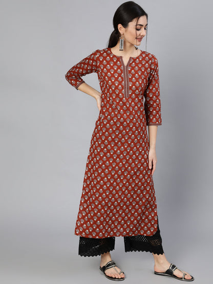 Maroon Ethnic Printed Straight Kurta With Three Quarter Sleeves