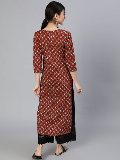 Maroon Ethnic Printed Straight Kurta With Three Quarter Sleeves