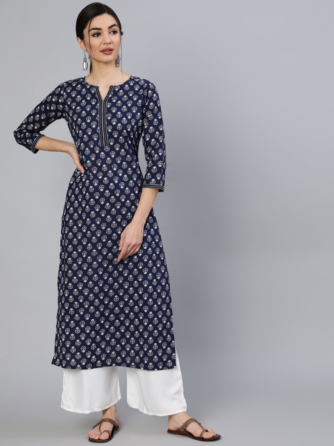 Navy Blue Ethnic Printed Straight Kurta With Three Quarter Sleeves