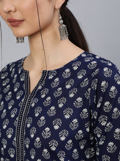 Navy Blue Ethnic Printed Straight Kurta With Three Quarter Sleeves