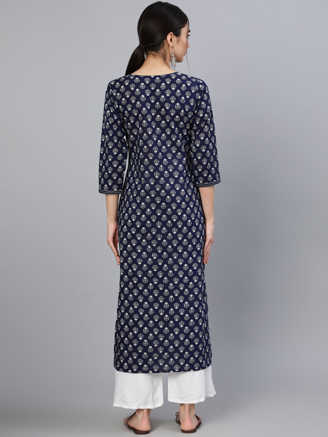 Navy Blue Ethnic Printed Straight Kurta With Three Quarter Sleeves