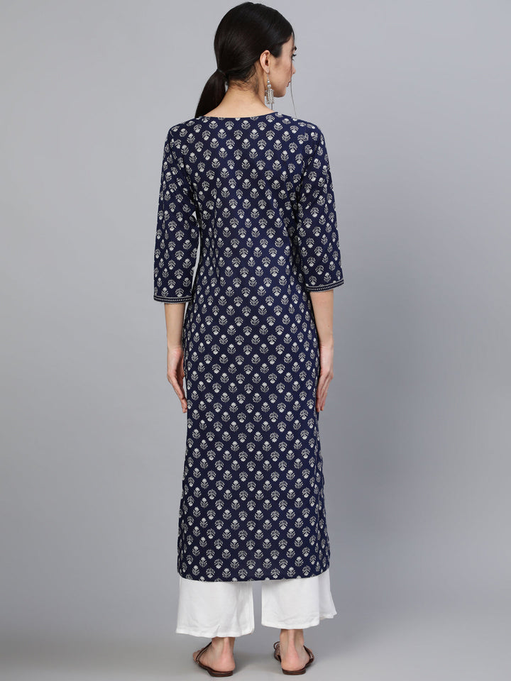 Navy Blue Ethnic Printed Straight Kurta With Three Quarter Sleeves