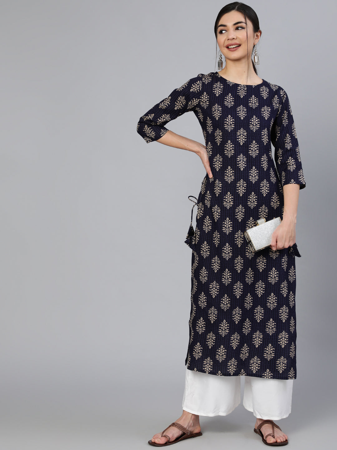 Navy Blue Ethnic Printed Straight Kurta With Three Quarter Sleeves