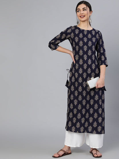 Navy Blue Ethnic Printed Straight Kurta With Three Quarter Sleeves
