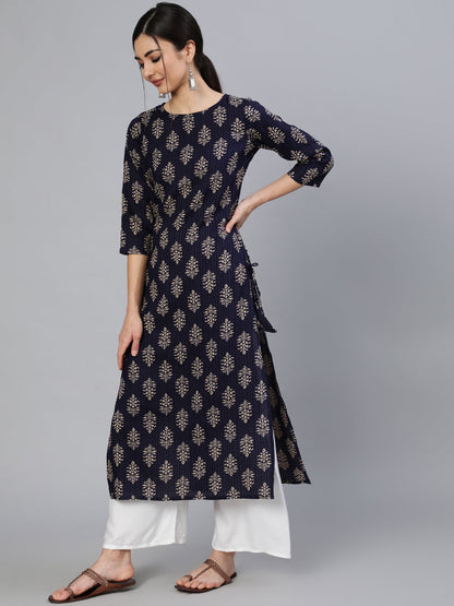 Navy Blue Ethnic Printed Straight Kurta With Three Quarter Sleeves