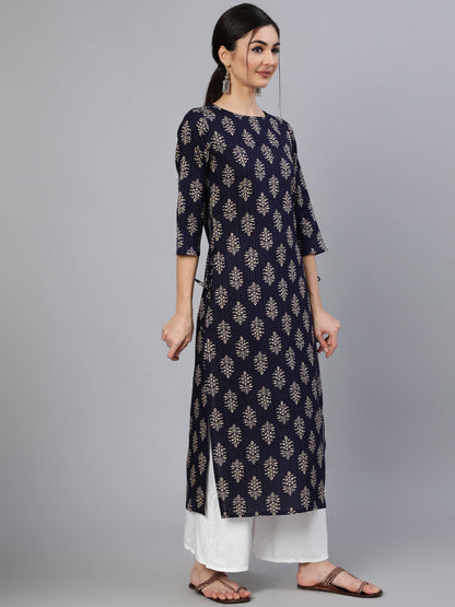 Navy Blue Ethnic Printed Straight Kurta With Three Quarter Sleeves