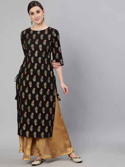 Black Ethnic Printed Straight kurta With Toll Dori Details