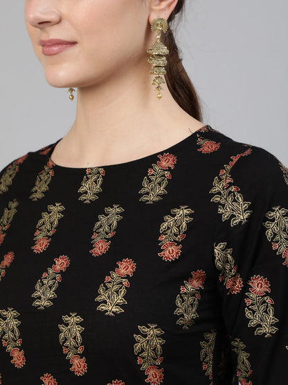 Black Ethnic Printed Straight kurta With Toll Dori Details
