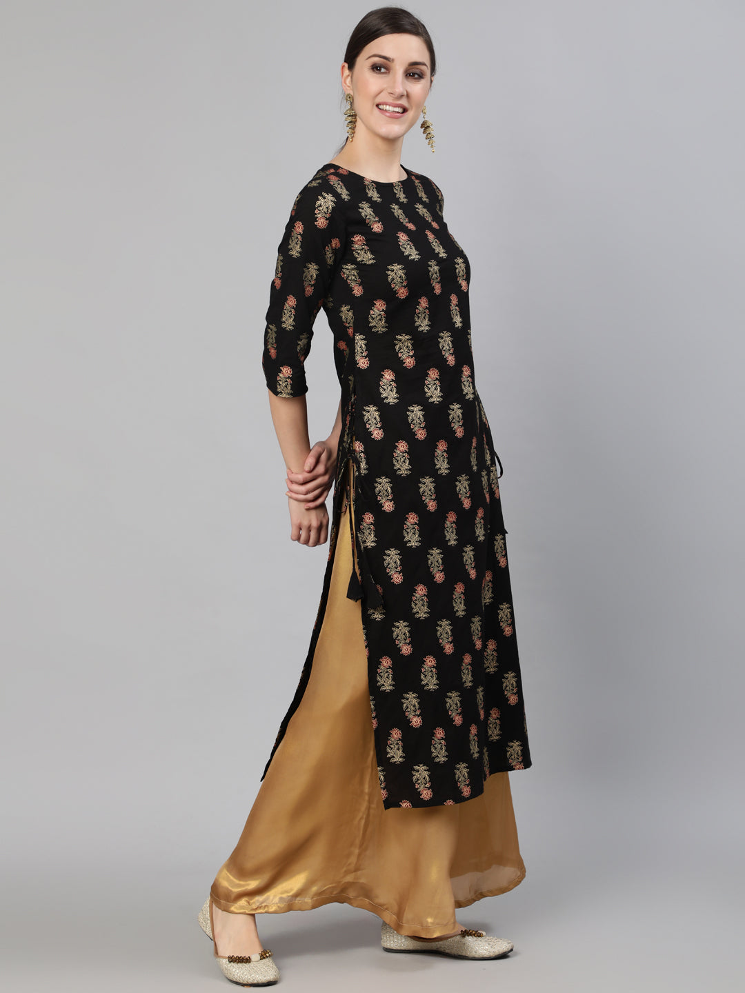 Black Ethnic Printed Straight kurta With Toll Dori Details