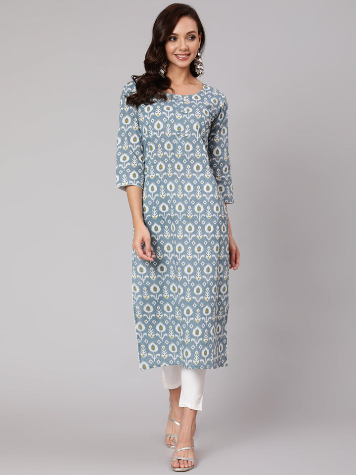 Grey Abstrak Printed Straight Kurta With Three Quarter Sleeves