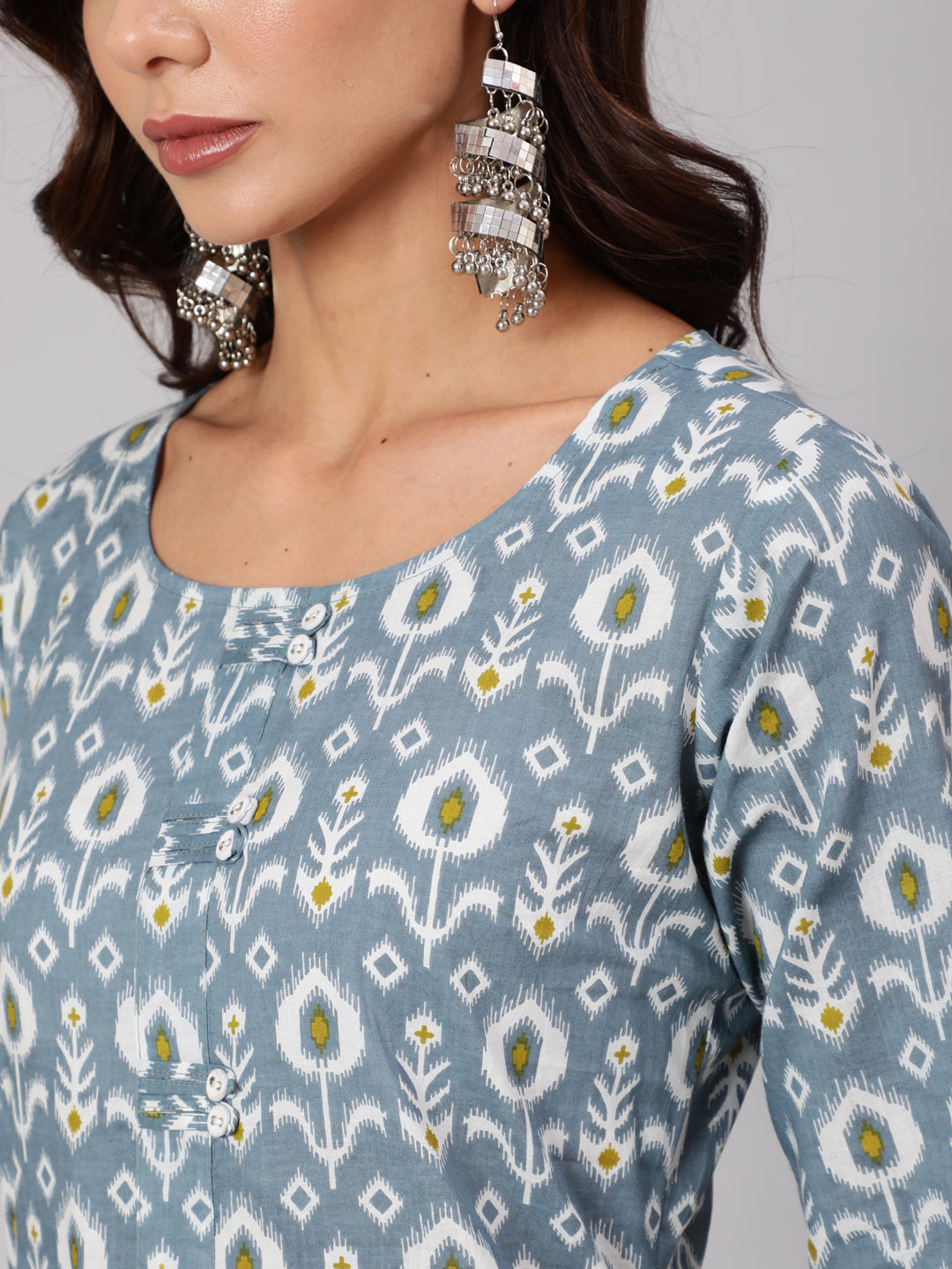 Grey Abstrak Printed Straight Kurta With Three Quarter Sleeves
